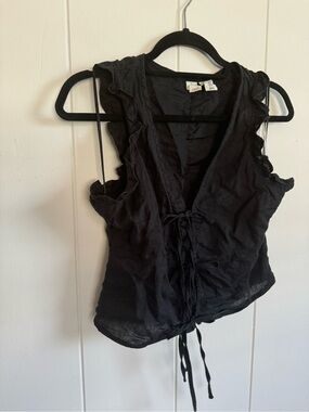 Joie Women's Black Ruffle Tie-Front Top 100% Linen Medium